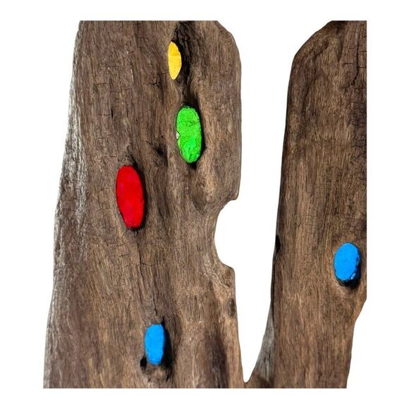 Unique Driftwood Sculpture With Colorful Glass Accents On Base Signed MCM Retro - Picture 11 of 11
